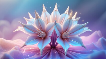 Wall Mural - Stunning close-up of a flower with four star-shaped white petals set against a dreamy pastel background ideal for backgrounds and creative projects.