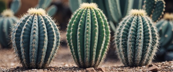 Wall Mural - Grouped Barrel Cacti in Desert Landscape Showcasing Unique Textures and Shapes of Multiple Species in Natural Habitat