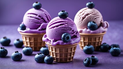 Wall Mural - Delicious Purple Ice Cream Scoops Garnished With Fresh Blueberries in Waffle Cups on a Purple Background