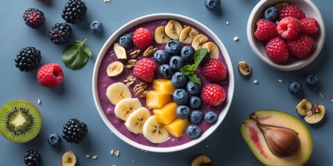 Wall Mural - Vibrant Smoothie Bowl Topped With Fresh Fruits And Nuts Perfect For Healthy Breakfast With Space For Text Decoration