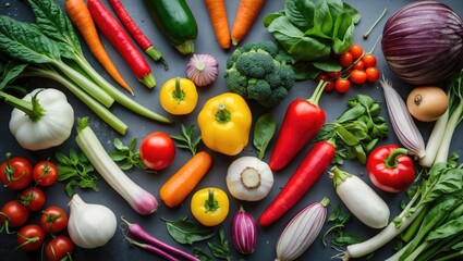 Wall Mural - Colorful Fresh Organic Vegetables Arranged on Table with Round Copy Space for Text Ideal for Cooking and Healthy Food Promotions