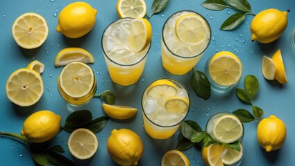 Wall Mural - Summer Refreshment Still Life with Lemonade Drinks and Fresh Fruits on Teal Background