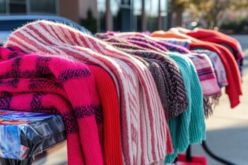 Donation drive features vibrant scarves for community warmth and support. Generative AI