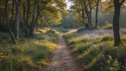 Wall Mural - Serene Forest Pathway Surrounded By Lush Greenery And Colorful Wildflowers Ideal For Nature Themes And Text Overlay Features