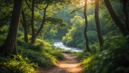 Wall Mural - Serene Forest Trail with River Flowing Through Lush Greenery Under Soft Evening Light