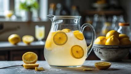 Wall Mural - Refreshing Lemonade Jug with Fresh Lemon Slices on Rustic Table in Bright Kitchen Setting