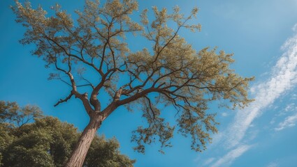 Wall Mural - Majestic tree reaching towards a clear blue sky with wispy clouds creating a serene and tranquil natural environment.