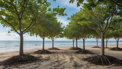 Poster - Beachside Trees with Clear Sky and Sandy Shoreline Providing Space for Text and Design Elements