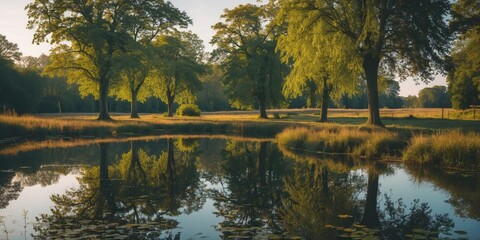 Wall Mural - Serene Countryside Scene with Trees Reflected in Calm Pond and Lush Greenery Under Soft Morning Light