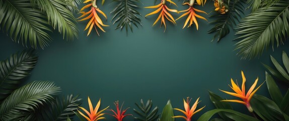 Wall Mural - Tropical Landscape with Lush Green Leaves and Vibrant Flowers Creating Space for Text or Graphics in a Calm Background