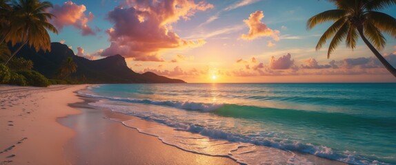 Sticker - Serene Tropical Beach View at Sunset with Vibrant Clouds and Calm Waves Reflecting the Golden Horizon