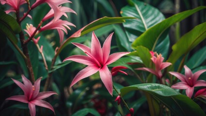 Wall Mural - Tropical Pink Flowering Plant Surrounded by Lush Green Foliage in Vibrant Natural Setting