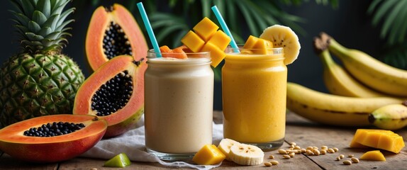 Wall Mural - Tropical Fruit Smoothies with Papaya Mango and Banana in Wheat Milk Surrounded by Fresh Fruits and Copy Space for Text