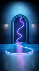Wall Mural - a vibrant, illuminated doorway with a swirling neon light path, set against a dark wall, creating a 