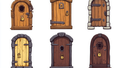 Medieval wooden doors in old house, castle or dungeon. Vector cartoon set of game icons of ancient wood gates with stone brick wall closed by padlock, hasp and chains isolated on white background