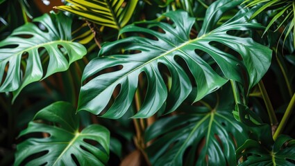 Poster - Lush Green Monstera Leaves Detail in Tropical Setting Captured in Macro Photography