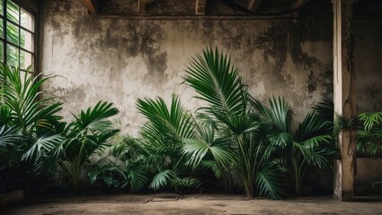 Wall Mural - Lush Tropical Palm Leaves Against Rustic Wall in Abandoned Space Creating a Serene Jungle Atmosphere for Interior Design Concepts