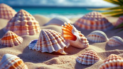 Wall Mural - Tropical Seashells on Sandy Beach with Shallow Focus and Space for Text Ideal for Summer Themes and Vacation Promotions