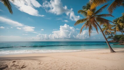 Poster - Tropical Paradise Beach with Coconut Palms and Calm Waters Under Blue Sky Perfect for Vacation or Travel Advertisements