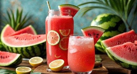 Poster - Refreshing Watermelon Lemonade Drink with Fresh Ingredients and Tropical Background