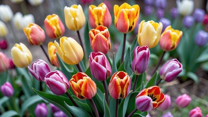 Wall Mural - Vibrant spring tulip bouquet showcasing an array of colorful flowers in full bloom under natural light in a garden setting.