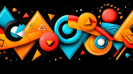 Wall Mural - vibrant abstract design featuring geometric shapes and bold colors on a black background, creating a