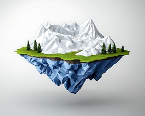 Wall Mural - A surreal floating landscape featuring a green island with trees and jagged mountains, set against a minimalist background. dynamic dimensions space angles