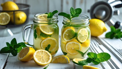 Poster - Refreshing Homemade Lemonade in Mason Jars with Lemon Slices and Mint on White Wooden Table, Ideal for Summer Beverage Ideas.