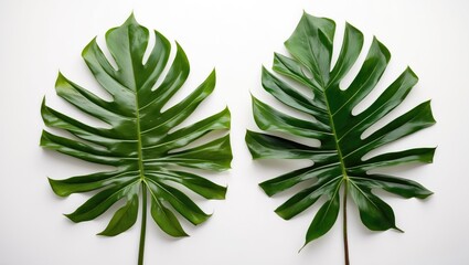 Wall Mural - Two Isolated Monstera Leaves on White Background Perfect for Botanical Designs and Creative Projects