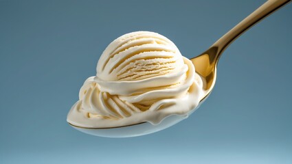 Wall Mural - Vanilla Ice Cream Scoop on Gold Spoon Against Blue Background Delicious Dessert for Food and Culinary Themes