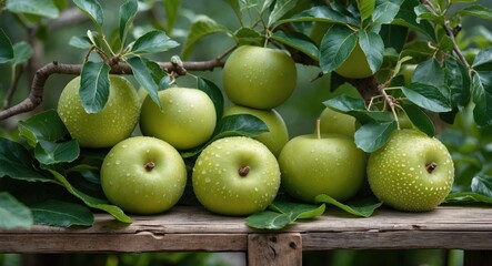 Poster - Fresh Green Apples Displayed on a Wooden Table Surrounded by Lush Green Leaves in a Natural Setting