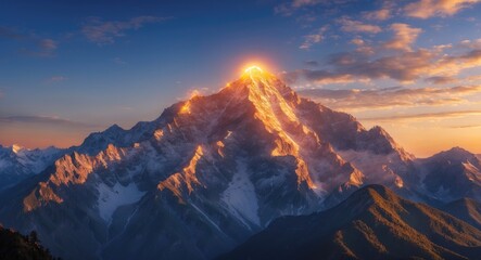 Wall Mural - Majestic Mountain Peak Glowing at Twilight with Dramatic Clouds and Golden Light Illuminating the Summit and Surrounding Landscape