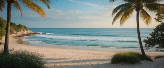 Canvas Print - Serene Tropical Beach View with Clear Waters and Lush Palm Trees Under a Blue Sky