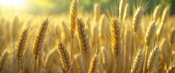 Wall Mural - Golden Wheat Spikelets Glowing in Soft Light Capturing the Essence of Nature's Harvest and Warmth in a Serene Landscape.