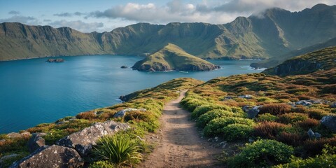 Wall Mural - Breathtaking Coastal View from Hiking Trail Surrounded by Lush Greenery and Tranquil Blue Waters Ideal for Inspirational Text Use