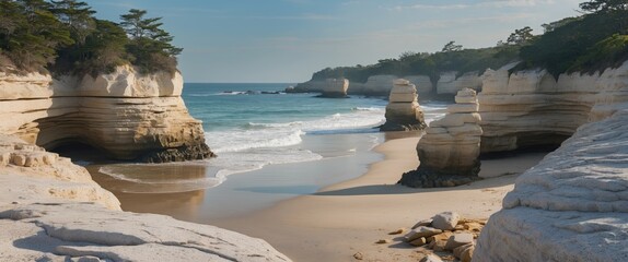 Canvas Print - Serene Beach View with Impressive Rock Formations at Tobacco Bay Surrounded by Calm Waters and Sandy Shoreline Ideal for Text Overlay