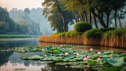 Canvas Print - Serene River Landscape with Lotus Flowers and Lush Vegetation along a Peaceful Waterway at Dawn