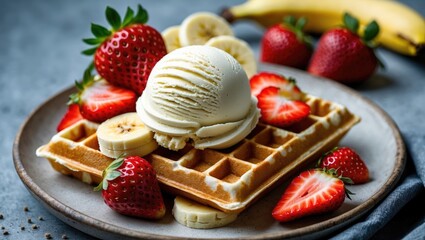 Wall Mural - Delicious Vanilla Ice Cream on Waffle Topped with Fresh Strawberries and Sliced Bananas Perfect for Dessert Lovers