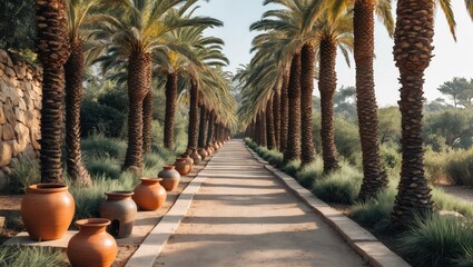 Wall Mural - Scenic Pathway Surrounded By Palm Trees And Decorative Ceramic Pots Ideal For Outdoor Relaxation And Tranquil Settings