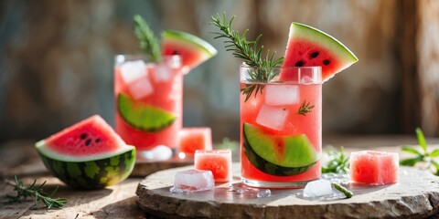 Poster - Refreshing Watermelon Mocktail in Glass with Fresh Fruit Garnish and Rosemary on Rustic Wooden Surface Perfect for Summer Promotions