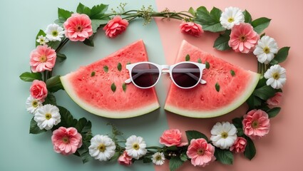 Poster - Watermelon Slices Surrounded By Floral Wreath And White Sunglasses On Pastel Background Creative Food Concept For Summer Refreshment