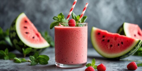 Wall Mural - Refreshing Watermelon Smoothie Garnished With Mint Leaves And Berries Surrounded By Watermelon Slices On Rustic Background