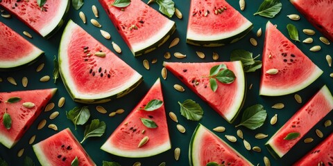 Poster - Fresh Watermelon Slices with Seeds and Leaves on Dark Surface Top View Creating Vibrant Summer Fruit Background with Space for Text