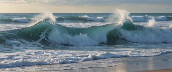 Poster - Dynamic Ocean Waves Crashing On Sandy Shoreline With Tranquil Copy Space For Text Or Design Elements