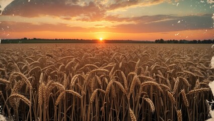 Poster - Wheat Field at Sunset with Grunge Texture and Copy Space for Text in a Retro Style Landscape Photography.