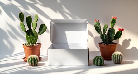 Wall Mural - Minimalist Mockup of White Empty Box Surrounded by Cactus and Succulent Plants on Sunlit Background for Cosmetology and Beauty Display.