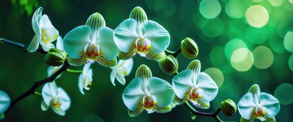 Poster - Elegant White Moon Orchids with Soft Green Bokeh Background in a Serene Botanical Setting