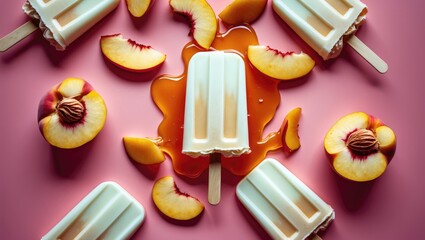 Poster - Melting White Peach Popsicles Surrounded by Fresh Peach Slices on a Vibrant Pink Background from a Top Angle Perspective