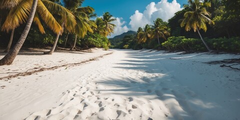 Poster - Tropical beach scene with white sand and palm trees providing a serene atmosphere perfect for relaxation and holiday inspiration.