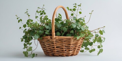 Wall Mural - Wicker basket filled with green vines on white background creating a serene and minimalistic space for text or design elements.